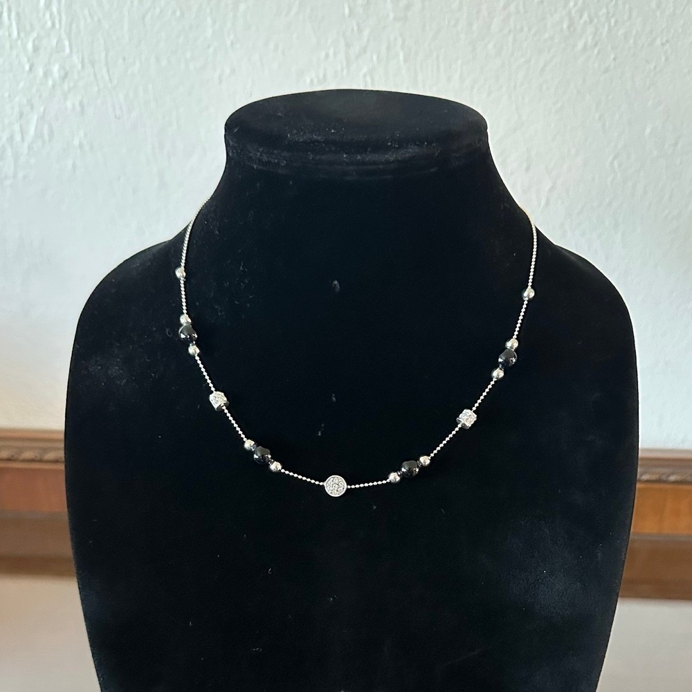 Brighton Silver Tone Black Bead Pave Crystal Disc Necklace 18''